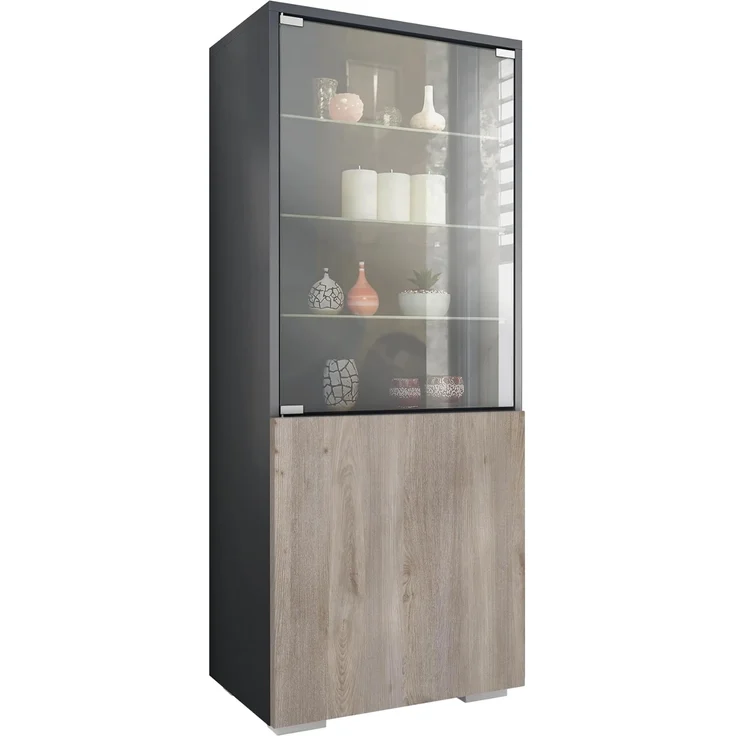 Vladon Standvitrine Granada (Vitrinenschrank, mit Glastür und Glaseinsatz) Anthrazit matt/Eiche Nordic (50 x 122,5 x 34,5 cm) – Bild 1