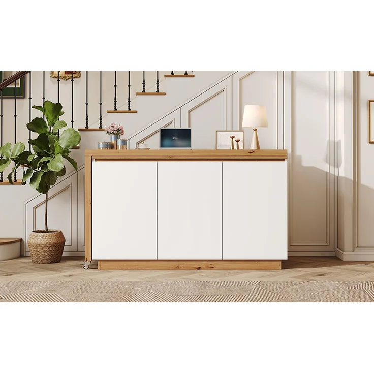 ZUBALIYA Schreibtisch mit feststellbaren Rollen – multifunktionales Design, 4 cm dickere, drehbare Tischplatte, fest arretierbar, weiß/Eiche, Faltbarer Schreibtisch, Eckschreibtisch, Sideboard,Dicke Materialie – Bild 19