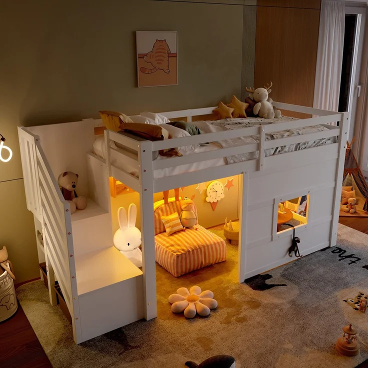 Hochbett mit Lattenrost und LED-Beleuchtung, 90x200 cm, Treppe mit Regal, Kinderbett mit Rausfallschutz, Spielbett, Kiefer – Bild 1
