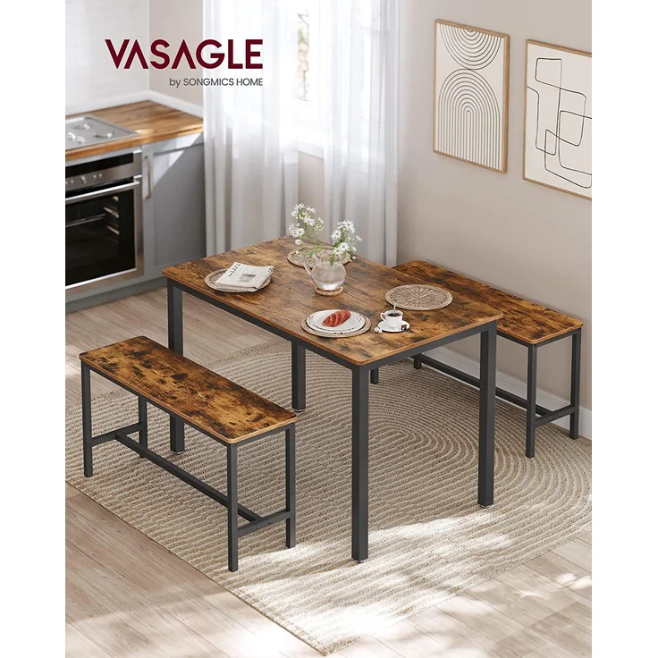 VASAGLE Esstisch, Küchentisch-Set, 110 x 70 x 75 cm, mit 2 Bänken je 97 x 30 x 50 cm, Metallgestell, für Küche, Wohnzimmer, Esszimmer, Industrie-Desig [KDT070B01] – Bild 2