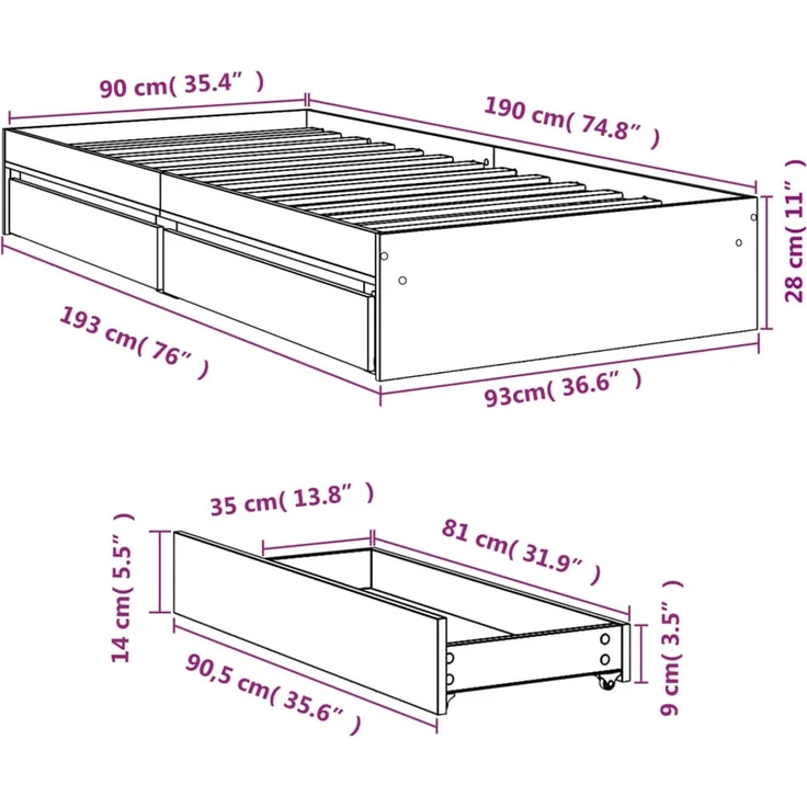 vidaXL Bettgestell mit Schubladen Weiß 90x190 cm Holzwerkstoff 3280706 – Bild 11