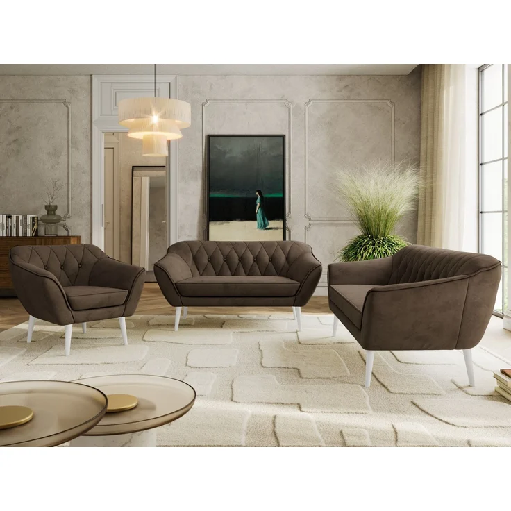 Wohnzimmerset PIRS 1-2-3, Skandinavisches Komplettset, Wellenfederung, weiße Füße, Sitzgruppe, Möbelset - Braun Velvet – Bild 1