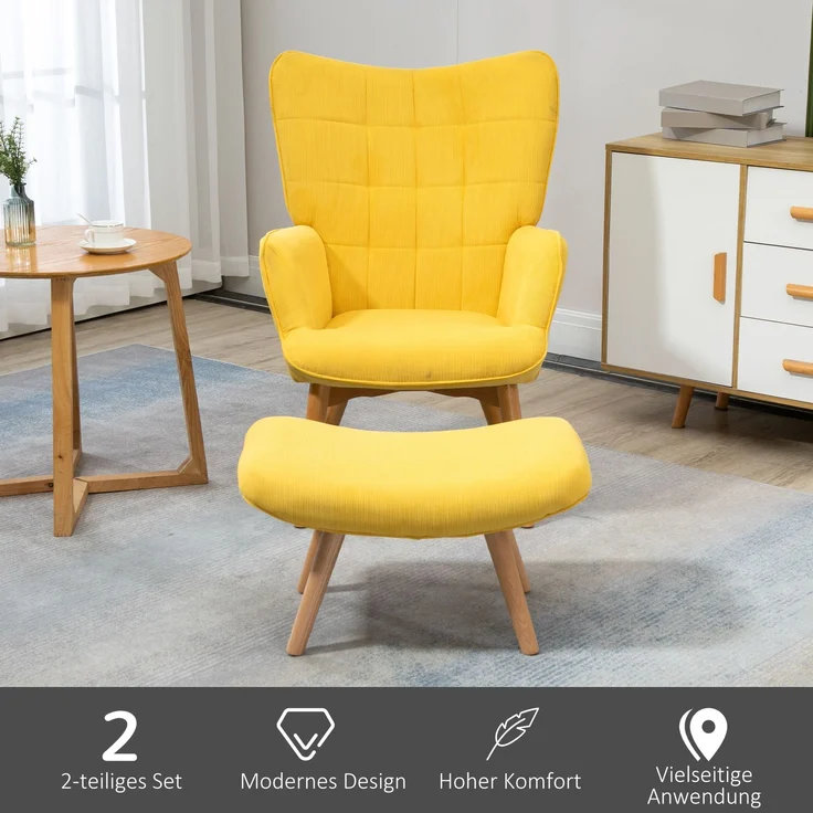 Relaxsessel Loungesessel Ohrensessel mit Hocker in Gelb, Armlehnstuhl mit Holzbeinen, Cord-Optik für gemütliches Sitzen--Gelb--72x80x101cm--YOUDENOVA – Bild 6