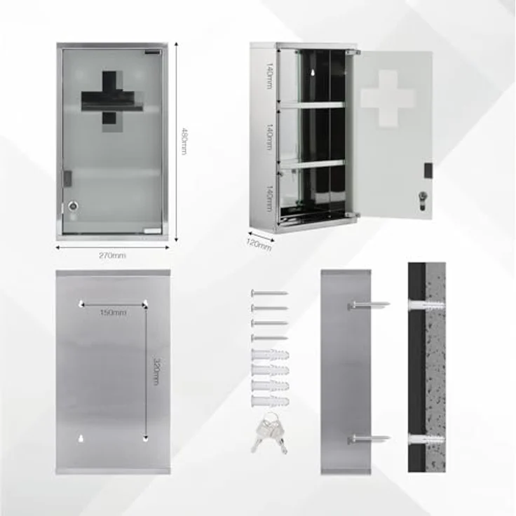 Zedelmaier Medizinschrank aus Edelstahl,Medikamenten Aufbewahrung,Medikamentenschrank 3 Fächer,Apothekerschrank,Medizinschrank hängend,Abschließbarer Medizinschrank,48 x 27 x 12 cm,Silber – Bild 9