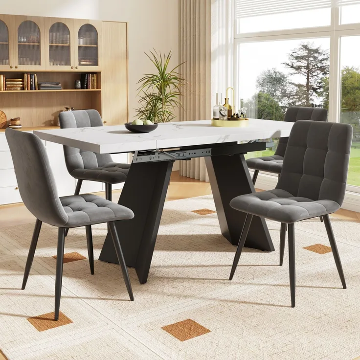 Merax Essgruppe (5-tlg),Esstisch-Set, Ausziehbares Esstischset für 4 Personen,160×80×75cm Esstisch mit 4 Esszimmerstühlen,Grauer Samt-Esszimmerstuhl, Weißer Esstisch mit Flache Tischbeine