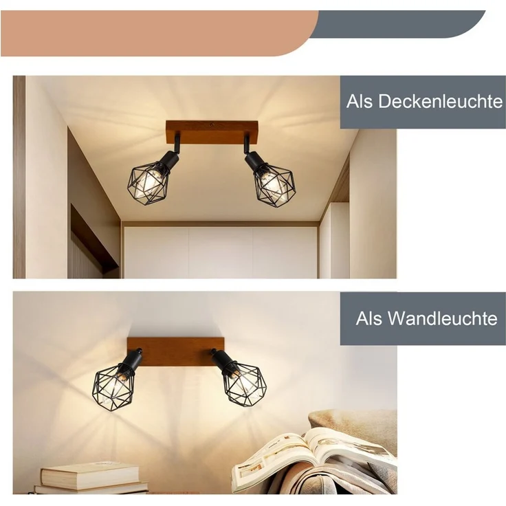 Nettlife Deckenleuchte Holz Deckenlampe E14 Metall Schwenkbar 350°, Schwenkbar 350°, LED wechselbar, für Wohnzimmer Flur Schlafzimmer – Bild 4