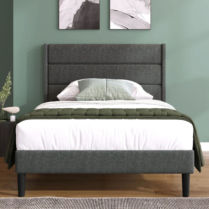 Polsterbett 90x200 cm mit Lattenrost und gepolstertem Kopfteil, Leinenbezug in Grau, zeitloses modernes Design, Jugendbett – Bild 3