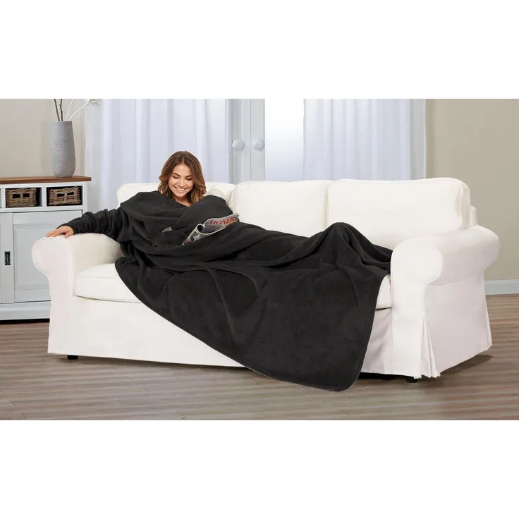 Gözze - Premium Kuscheldecke mit Ärmeln und Brusttasche, 150x240 cm - Schwarz