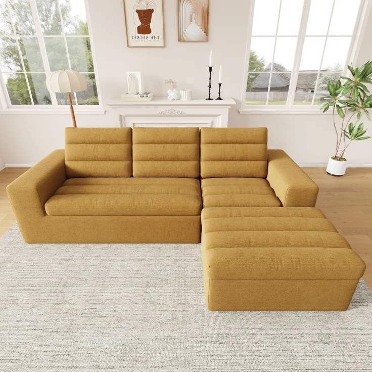 Ecksofa 253 x 161 x 89 cm in Orange, modulares Chenille-Sofa mit Hocker, rahmenlos und weich gepolstert – Bild 3