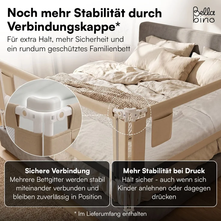 Bellabino 'Drina' Bettschutzgitter mit 2 Sicherheitsgurten, Rausfallschutz klappbar & höhenverstellbar, aus Oxford-Stoff & Metall, 150 cm, beige – Bild 6