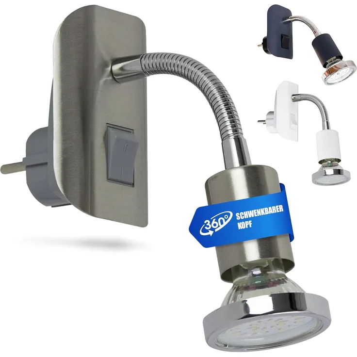 TRANGO LED Steckdosenleuchte, 11-052 Steckerleuchte im Edelstahl-Optik mit Chrom Ring *FLEXI* Steckerlicht, Nachtlicht inkl. je 1x GU10 3000K warmweiß LED Leuchtmittel, ON/OFF Schalter Leselampe, Wandlampe, Küchenlampe
