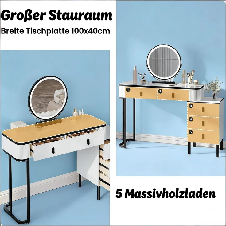 Schminktisch mit LED-Spiegel und Hocker, B 125 x T 40 x H 100 cm, Weiß/Schwarz – Bild 7