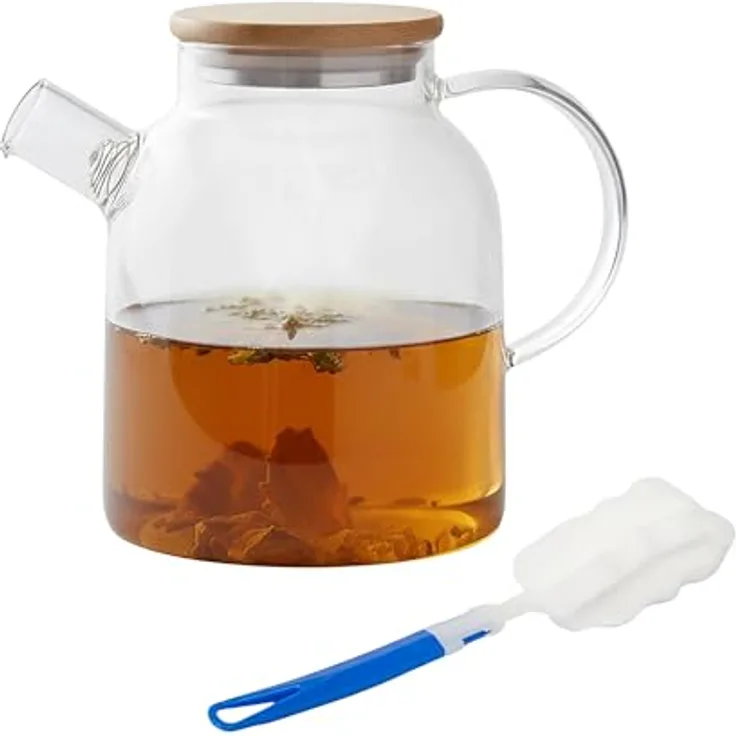 relaxdays Teekanne Glas mit Bambusdeckel, 1,8 Liter, Ausgusssieb für loser Tee und Teeblumen, transparent