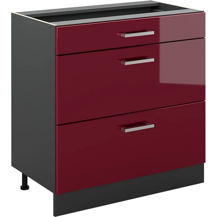 Küchenunterschrank R-Line Rot Hochglanz/Anthrazit 80 cm mit 3 Schubladen ohne Arbeitsplatte Vicco – Bild 1