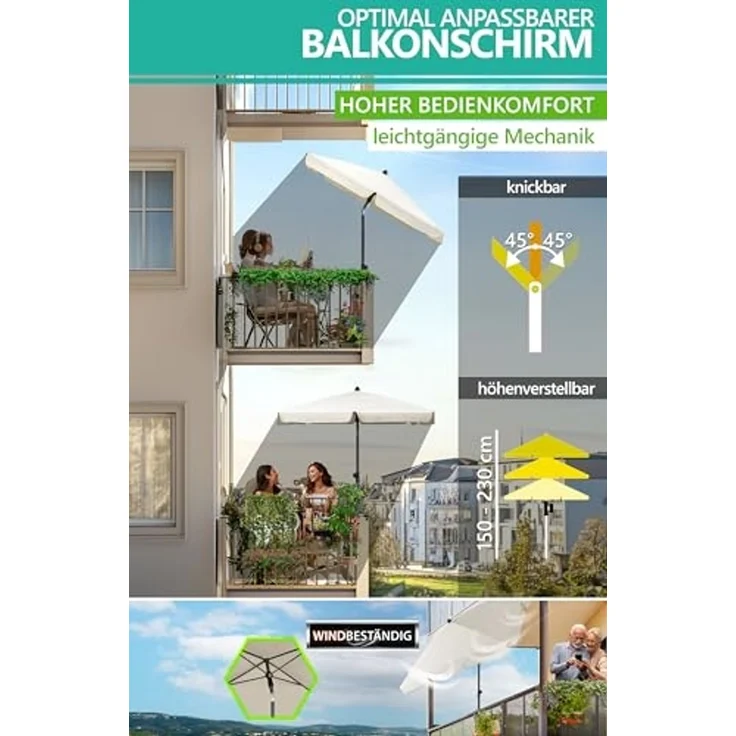 4smile Sonnenschirm Balkon SunnyShade, 200x125 cm, Beige - UPF 50+ Sonnenschirm rechteckig als Sonnenschutz Balkon - SunnyGuy Balkon-Schirm mit Sonnenschirmhalter + Sonnenschirmhülle – Bild 6