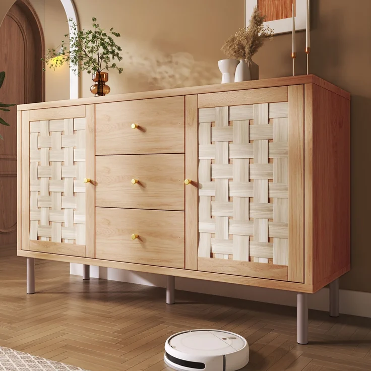 Merax Sideboard, Landhaus-Kommode 120x40x75 cm, eichefarben, mit 2 Türen, 3 Schubladen, höhenverstellbare Einlegeböden, Metallbeine, Kippsicherung – Bild 3