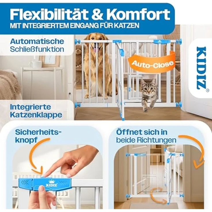 KIDIZ® Absperrgitter zum Klemmen mit Katzenklappe, Türschutzgitter, Autoclose Kinder Treppengitter ohne Bohren | 90° Stopp Schutz, schwenkbar, Treppenschutzgitter Blau, 88 - 94 cm – Bild 4