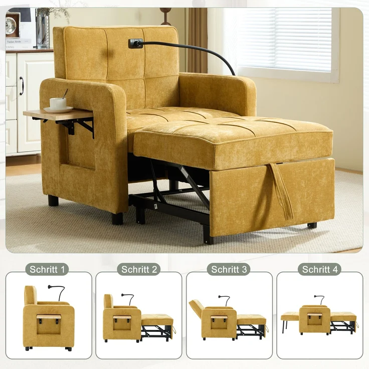 LVHOM Multifunktionaler Schlafsessel mit klappbarer Ablage, Ausziehbares 1-Sitzer Schlafsofa mit Handyhalter und Seitentaschen, Loungesessel, Gelb – Bild 3