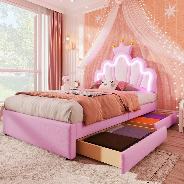 EINHOM Polsterbett, 90 x 200 cm, Ferngesteuertes Ambientelicht, Bett mit 2 Schubladen, Prinzessinnenbett in Kronenform, Verstellbares Kopfteil, PU, Rosa, (Ohne Matratze)