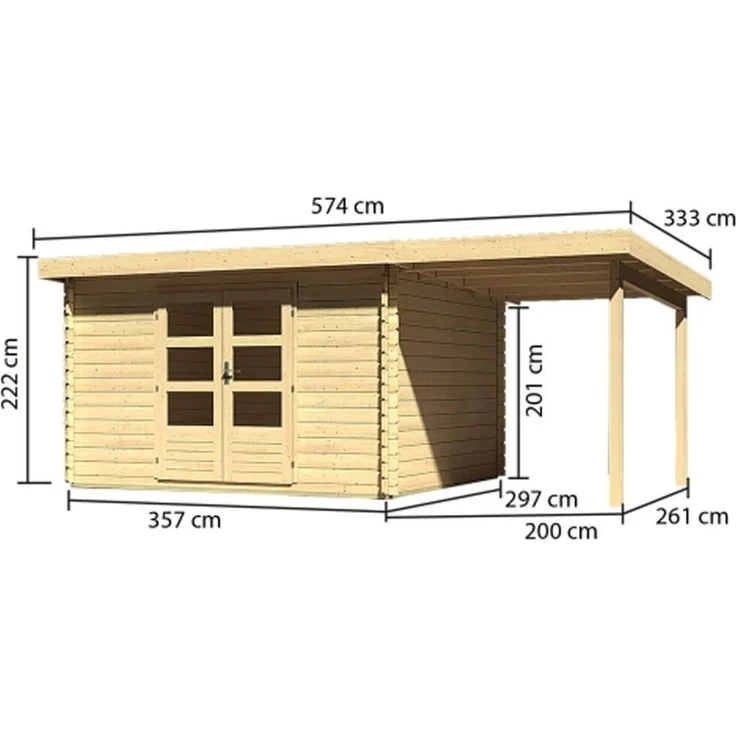 Gartenhaus Bastrup 7 - 540x297 cm mit Anbaudach 2,00 m mit Rückwand, 28 mm Holz naturbelassen, Karibu – Bild 3