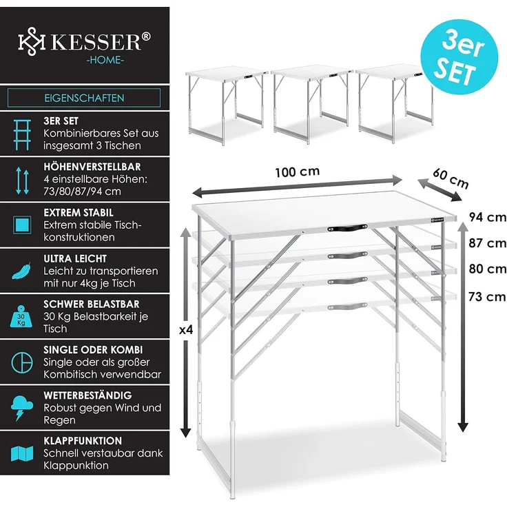 KESSER® Multifunktionstisch Profi 3- teilig, 100x60 cm, Tapeziertisch 30kg Tragkraft je Tisch Mit Ausziehfunktion Klapptisch Flohmarktisch Beistelltisch Mehrzwecktisch Campingtisch höhenverstellbar – Bild 2