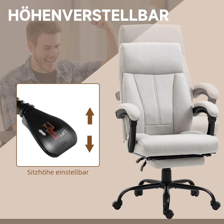 Bürostuhl mit Massagefunktion, ergonomischer Chefsessel mit höhenverstellbarer Fußstütze, Hellgrau für Büro & Homeoffice--Hellgrau--65x74x119cm--YOUDENOVA – Bild 5