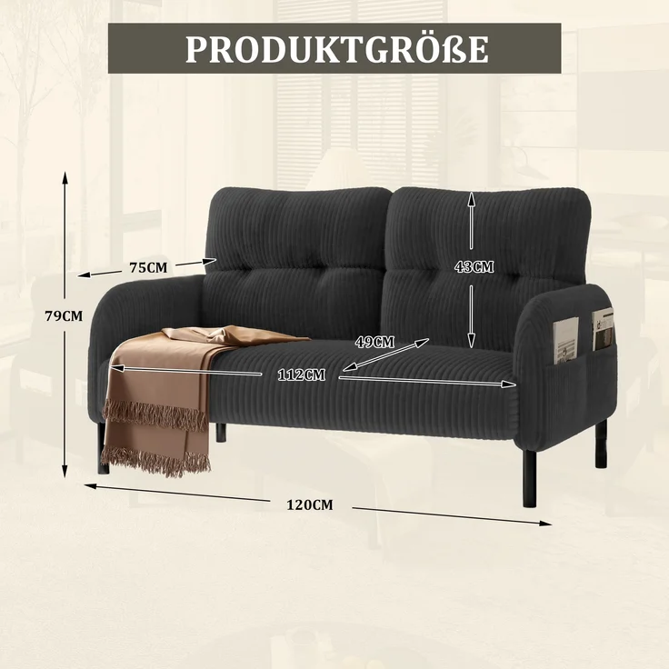 LVHOM 2-Sitzer Sofa mit Metallsockel, Doppelsofa Cordstoff mit Seitentaschen, Polstersofa Stoffsofa Sitzmöbel Loungesofa, 120x79x75cm – Bild 2