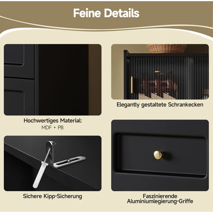 Merax Küchenschrank, Hochschrank, Vitrinenschrank, Buffetschrank mit Verstellbaren Ablagen, Esszimmerschrank, Sideboard mit LED-Beleuchtung, schwarz – Bild 7