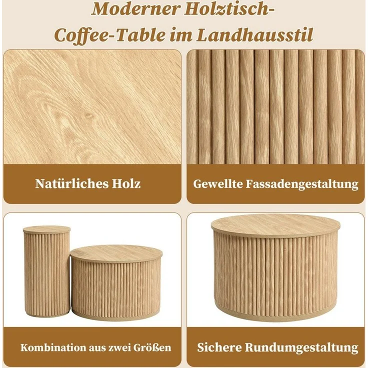 BlingBin Couchtisch Beistelltisch Wohnzimmertisch (1-St, Doppelter runder Tisch), 60 x 60 x 38,5 cm + 30 x 30 x 56 cm, Natur – Bild 3