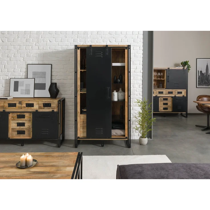 Wohnzimmerschrank Mango 105x45x195 natur klar lackiert / Metall schwarz BLACKBURN #104 – Bild 9