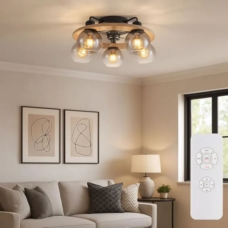 GLOBO LIGHTING Deckenleuchte, Leuchtmittel nicht inklusive, Deckenventilator Deckenlampe Ventilatorleuchte Fernbedienung Holz Glas – Bild 6