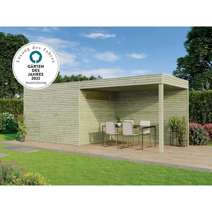 Alpholz Gerätehaus QB (optional mit Schleppdach Gartenhaus aus Holz in Grün Holzhaus mit 28 mm Wandstärke inklusive Schleppdach Blockbohlenhaus mit Montagematerial