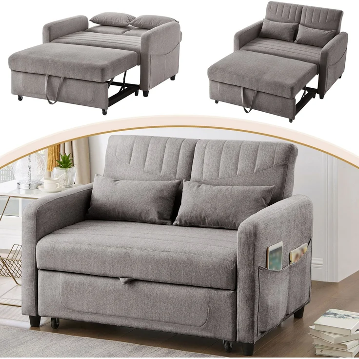 Sofabett 114x77x82,5 cm Grau, ausziehbar mit 3-fach verstellbarer Rückenlehne & Baumwoll-Leinen – Bild 4