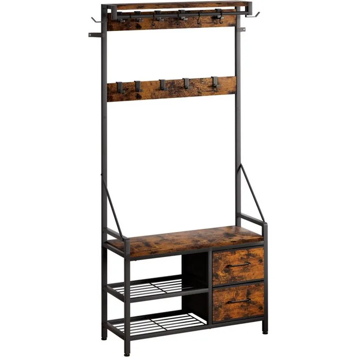 Yorbay Kleiderständer Garderobenständer mit Schuhregal & Sitzbank – 17 Haken, 2 Schuhreihen, (80x30x180 cm), 2 Stoffschubladen,Flurgarderobe für Diele, Wohnzimmer