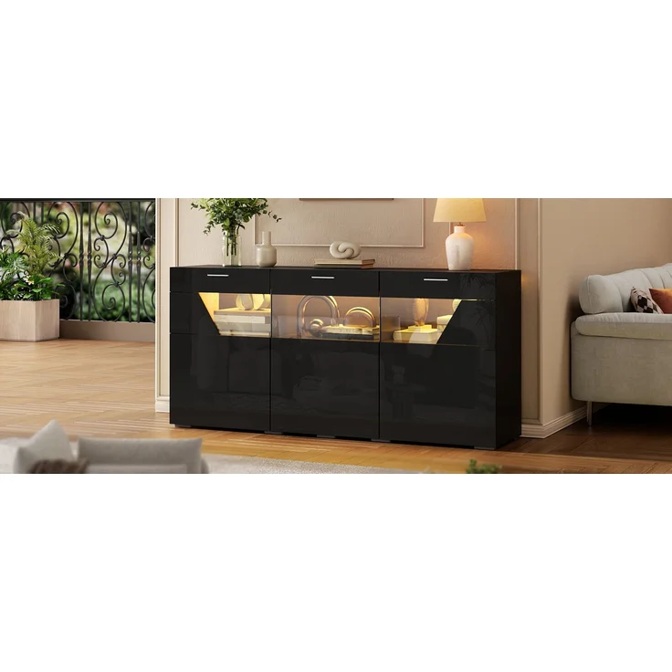 ZUBALIYA Sideboard 160x38x78 cm, mit LED-Beleuchtung, Hochglanz, mit 3 Türen, aus Spanplatte, Schwarz – Bild 7