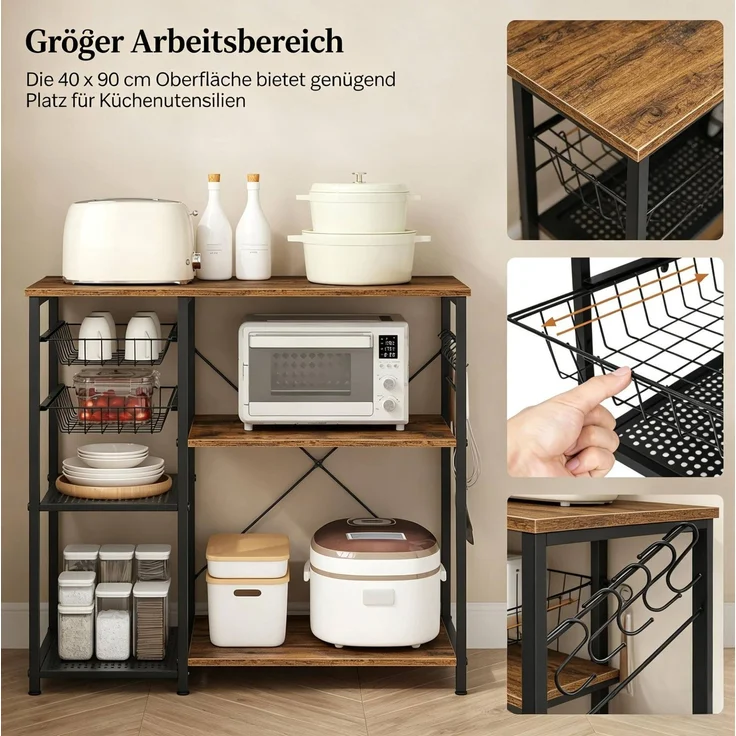 DESVIAE Regal mit Arbeitsplatte und Drahtkörben 90x82x40 cm Metall und Spanplatte Schwarz-Braun – Bild 4