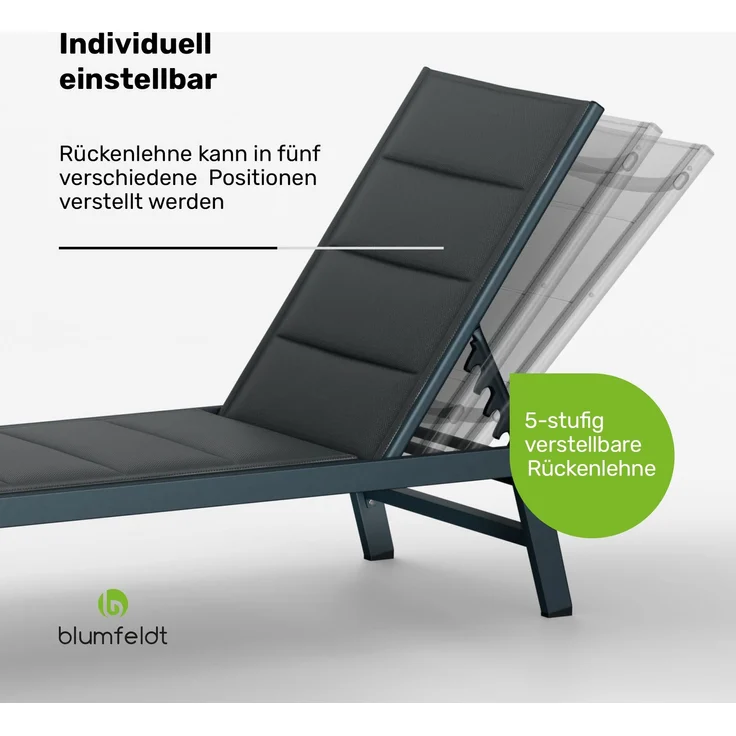 Blumfeldt Renazzo Sonnenliege - Verstellbarer Liegestuhl, Wetterfest & Ultraleicht, 5-Positionen Rückenlehne, Aluminiumrahmen, 120kg Kapazität, ComfortMesh, 195x60cm, Garten & Balkon, Anthrazit – Bild 7