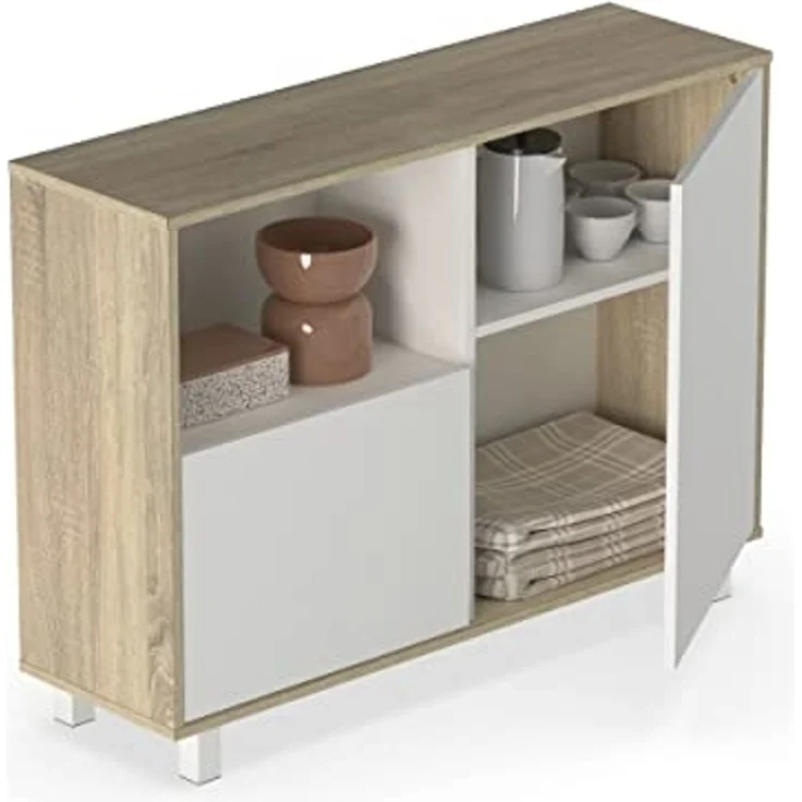 Muebles Pitarch | Sideboard für Wohn- und Esszimmer, Buffet, Möbelstück, 2 Türen und 1 Fach, mit Beinen, Weiß und Eiche Cambrian, 82,5 x 112 x 33 cm, Moderner Eingangsbereich, Tibet Kollektion – Bild 6