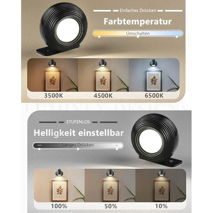 LuminexDesigns 2er Set Akku Wandleuchte Innen LED Kabellos Wandlampe Magnetisch, 360° drehbare USB Ladefunktion, Touch Dimmbar – Moderne LED Wandlampe für Wohnzimmer, Schlafzimmer, Flur Schwarz – Bild 6
