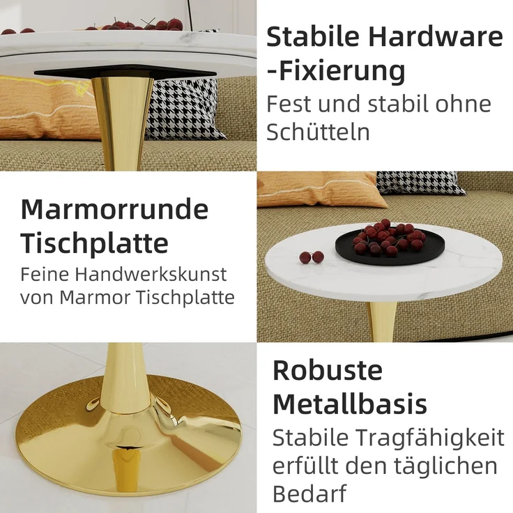 Novelux Couchtisch Gold Marmor Optik Rund 70 cm – Mid-Century Modern Esstisch für 2-4 Personen, Weißes Marmordekor – Bild 3