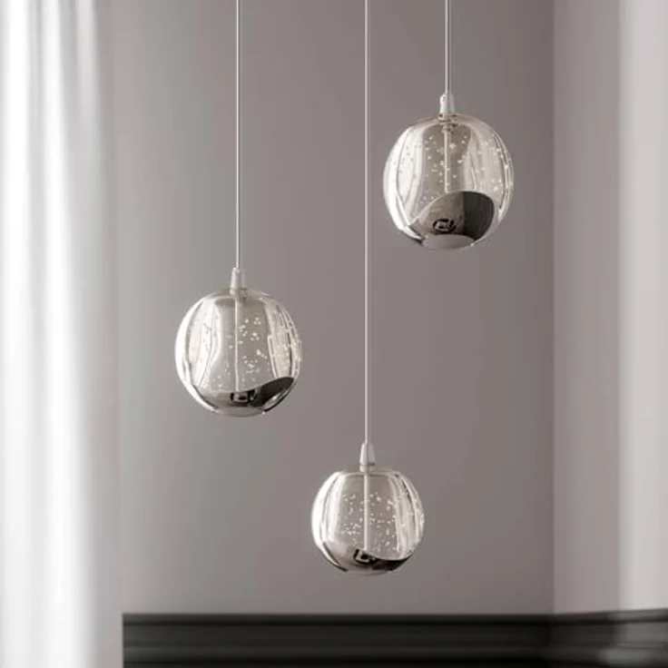 Lucande LED-Pendellampe Hayley, 3-flg. mit kugelförmigen Glasschirmen, Ø 25 cm, chrom, Blasenglas – Bild 4