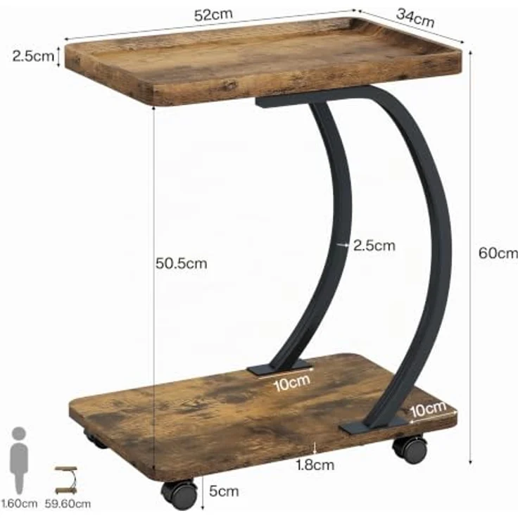 LITTLE TREE Beistelltisch mit Rollen, C-Form Beistelltische, Schmaler Sofatisch für kleines Wohnzimmer, 52 x 34 x 60 cm, Seiten"Tisch für Laptop, Kaffee und Snacks, Braun – Bild 2