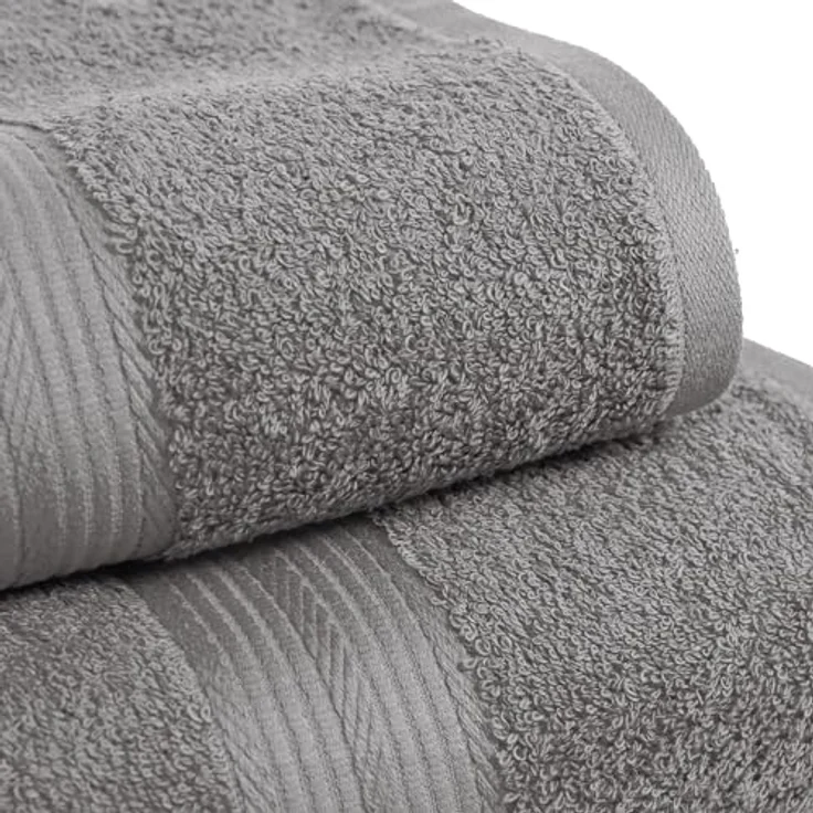 Amazon Basics Handtücher Set, 4-teilig, 100% Baumwolle, ausbleichbeständig, 2 Badetücher (140 x 70 cm) + 2 Handtücher (50 x 100 cm), Grau – Bild 2