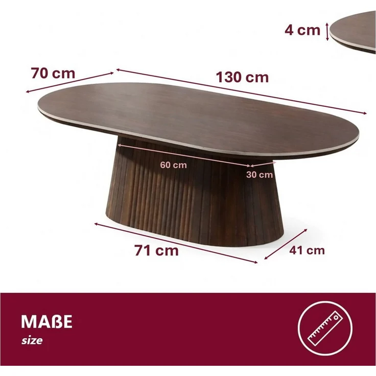 HOOZ Wohnzimmertisch Couchtisch oval modern, Säulenfuß inkl. Keramikplatte 130x70 cm Braun (Einzelprodukt, 1-St, 1× Couchtisch), Keramik-Tischplatte, verschiedene Varianten, pflegeleicht & stabil – Bild 4