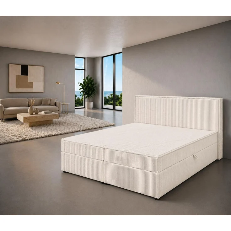 KRISAN MÖBEL Kontinentallbett ASTI Stoff POSO-Cord in Beige 200 × 200 x 106 cm Bett mit Bettkasten und Topper inklusiv – Bild 2
