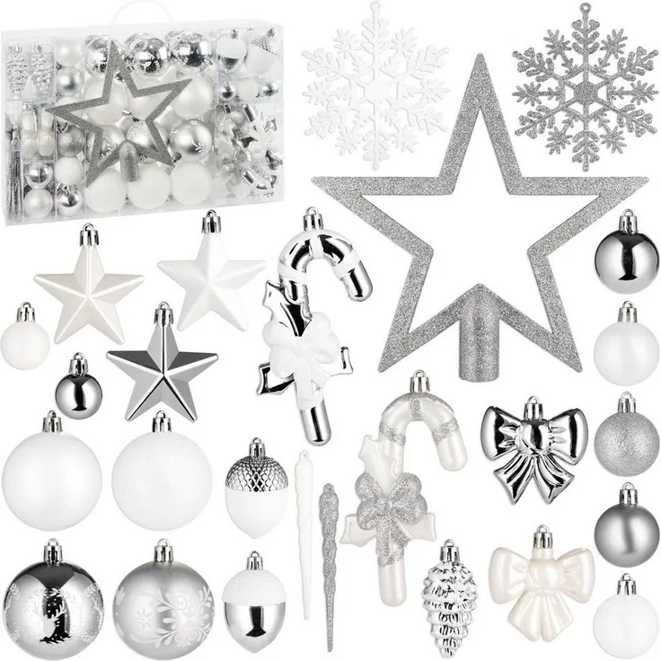BRUBAKER Weihnachtsbaumkugel 101 Stück Premium Christbaumschmuck - Weihnachtskugel Set (101 St), Schneeflocken, Schleifen, Eiszapfen, Eicheln, Sternen Baumschmuck