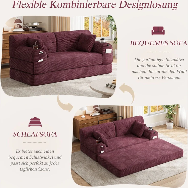 TavilaEcon 2-Sitzer Schlafsofa, komprimiertes Cord Sofa mit hoher Rückenlehne rot 81 × 80 × 168 cm (H × T × B) – Bild 3