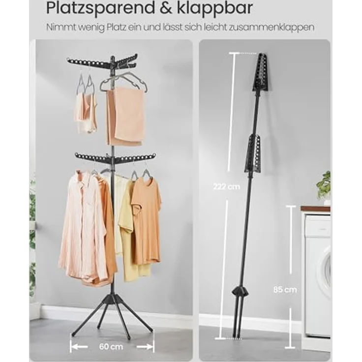 SONGMICS Wäscheständer, Standtrockner, 6 drehbare Arme für Kleiderbügel, 4 Beine, klappbar, für Innenbereich, Edelstahl, für Kleidung und Socken, 191 cm hoch, schwarz LLR514B01 – Bild 3