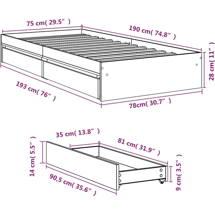 vidaXL Bettgestell mit Schubladen Räuchereiche 75x190 cm Holzwerkstoff 3280717 – Bild 9