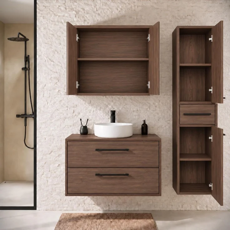 Badplaats Waschtischunterschrank-Set Florence 80 x 46 cm - Walnuss Braun - mit Spiegelschrank und Hochschrank – Bild 4